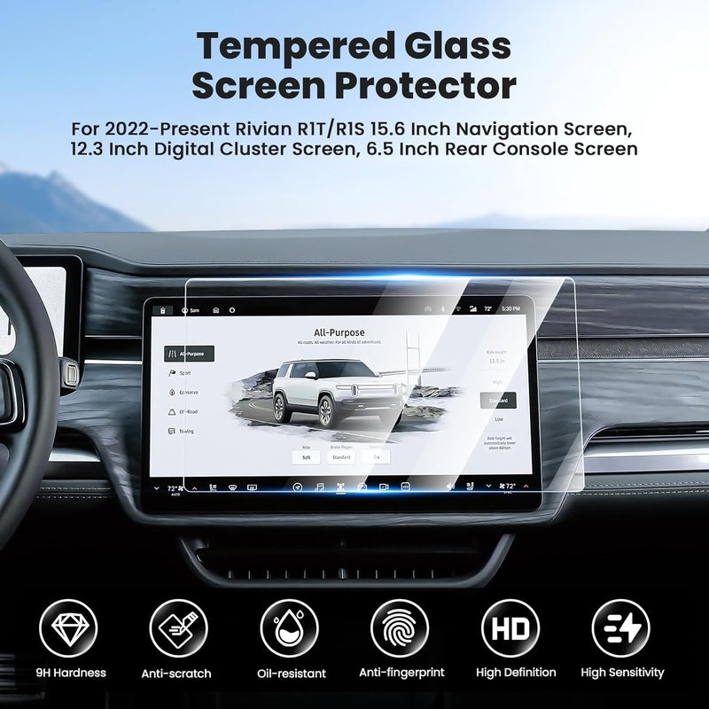Canvcle 3PCS Screen Protector for 2022-2026 Rivian R1T/R1S, 15.6'' Navigation, 12.3'' Digital, 6.5'' Rear Console Touch Screen Protector Tempered Glass Navigation Display Screen Cover Protective Film - Image 2